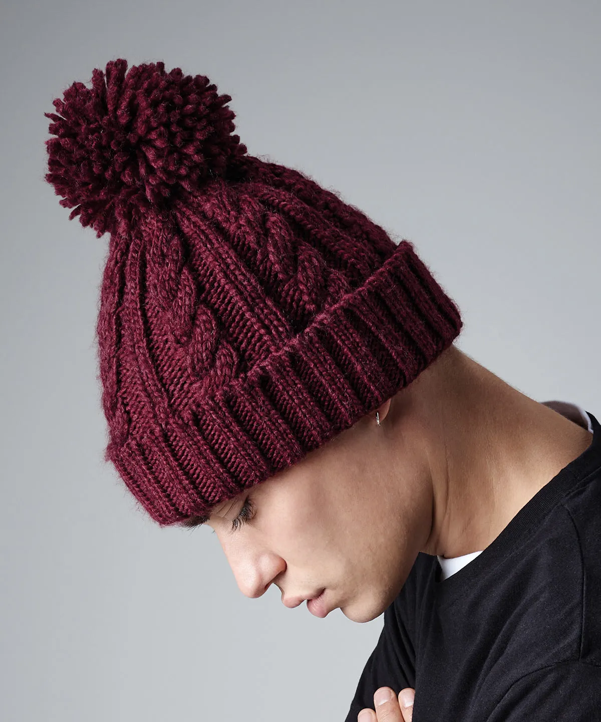 Burgundy - Cable knit melange beanie