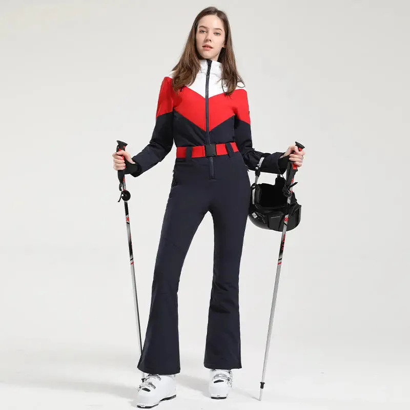 Retro Women One Piece Ski Jumpsuits New Slim Fit Snowsuits 
