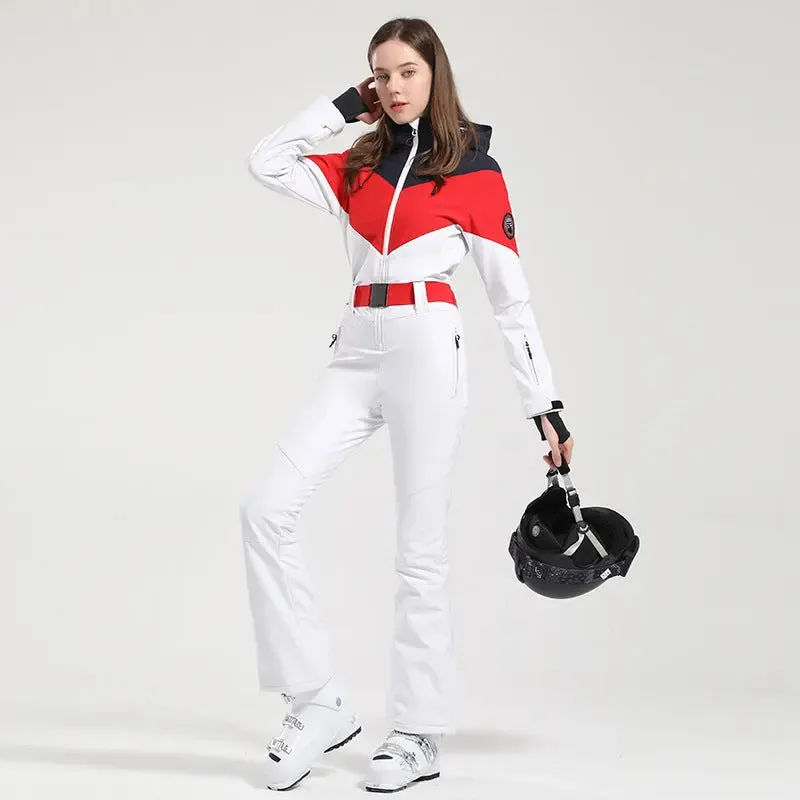 Retro Women One Piece Ski Jumpsuits New Slim Fit Snowsuits 