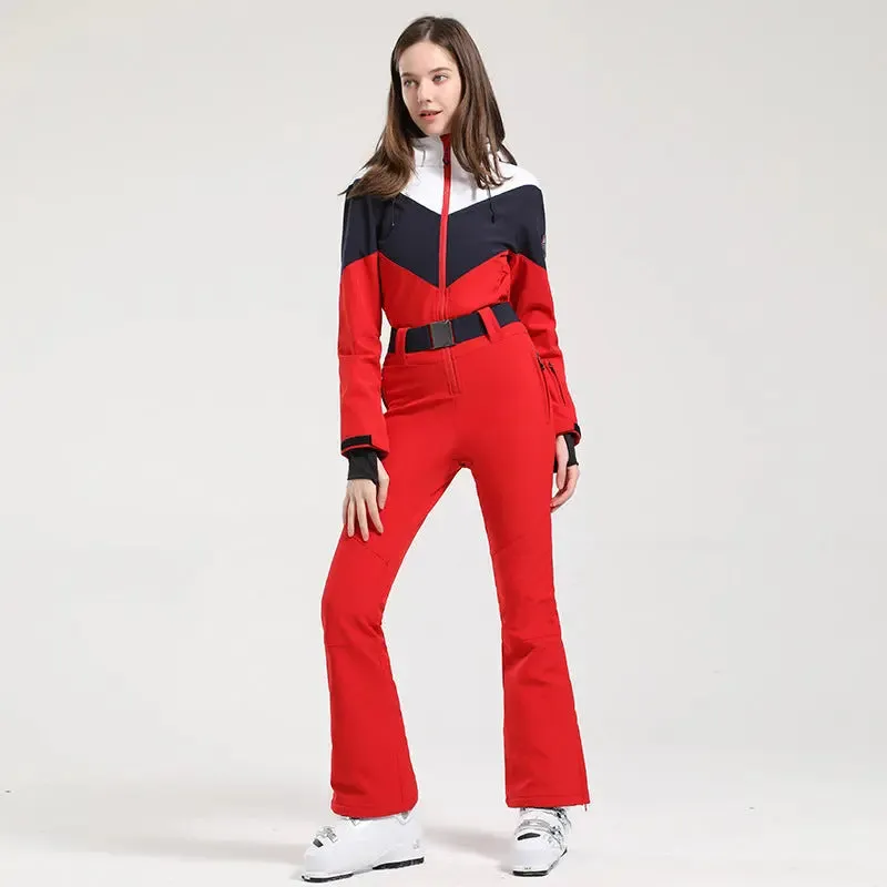 Retro Women One Piece Ski Jumpsuits New Slim Fit Snowsuits 