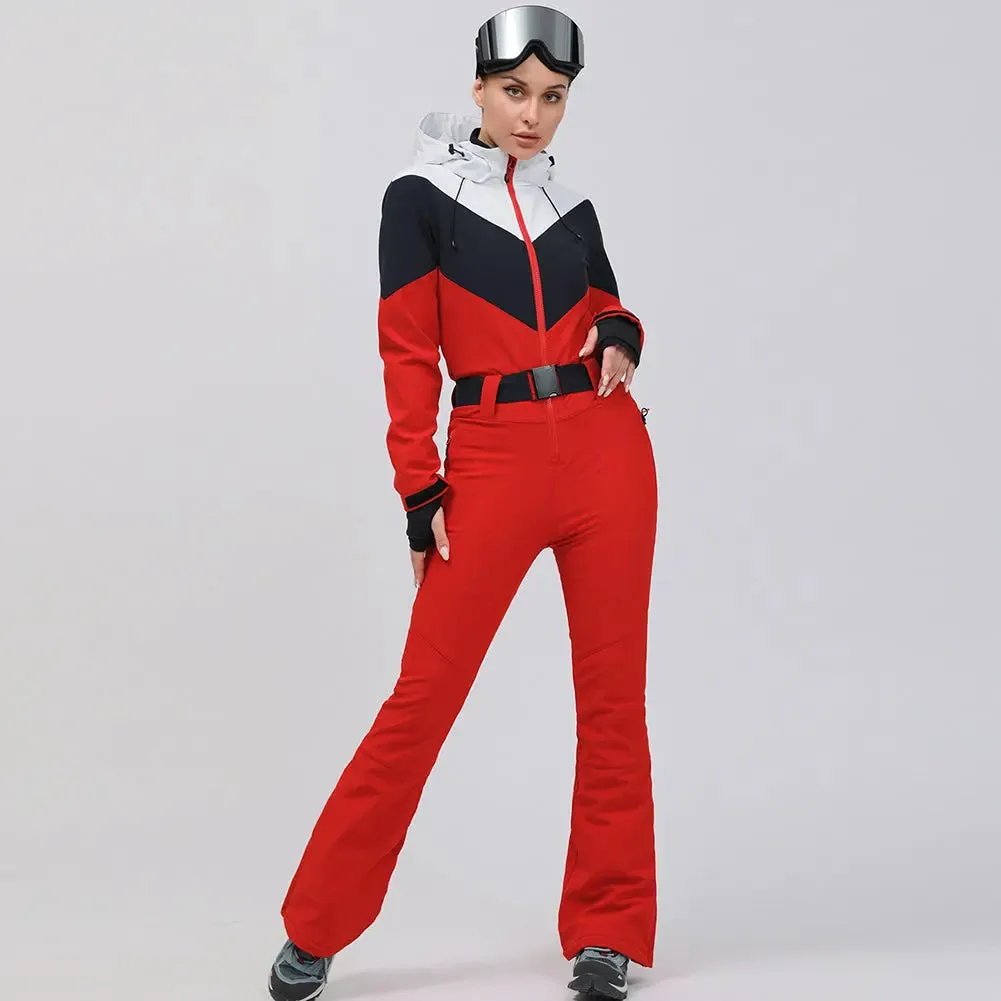 Retro Women One Piece Ski Jumpsuits New Slim Fit Snowsuits 