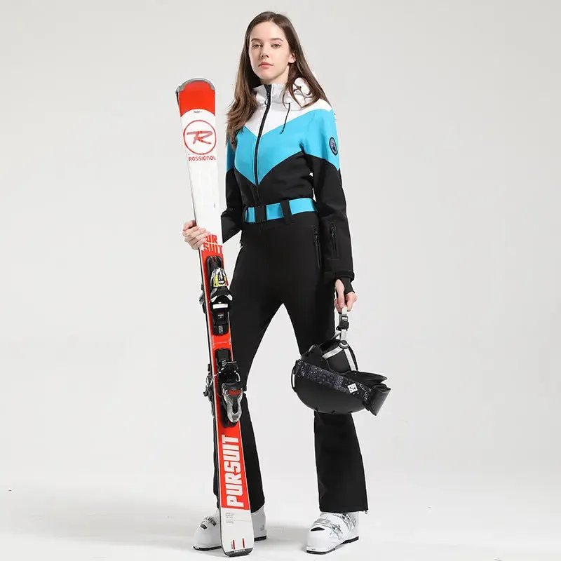 Retro Women One Piece Ski Jumpsuits New Slim Fit Snowsuits 