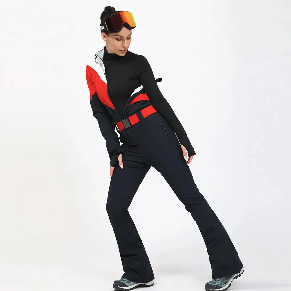 Retro Women One Piece Ski Jumpsuits New Slim Fit Snowsuits 